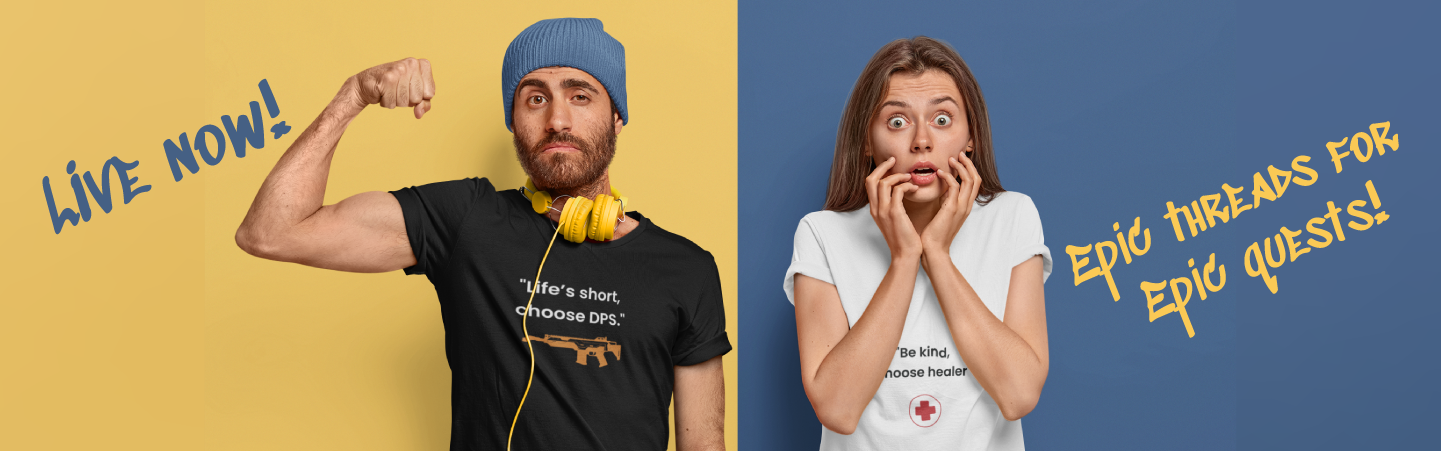 Image showing a man and women wearing funny and quirky t-Shirts with quotes.